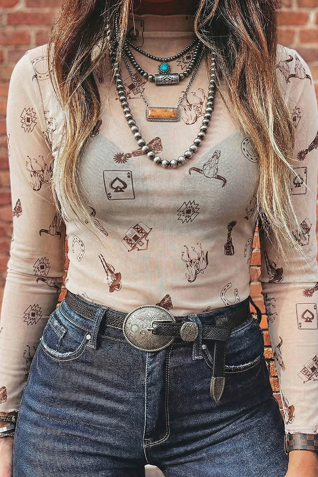Western Print Mesh Long Sleeve Mock Top