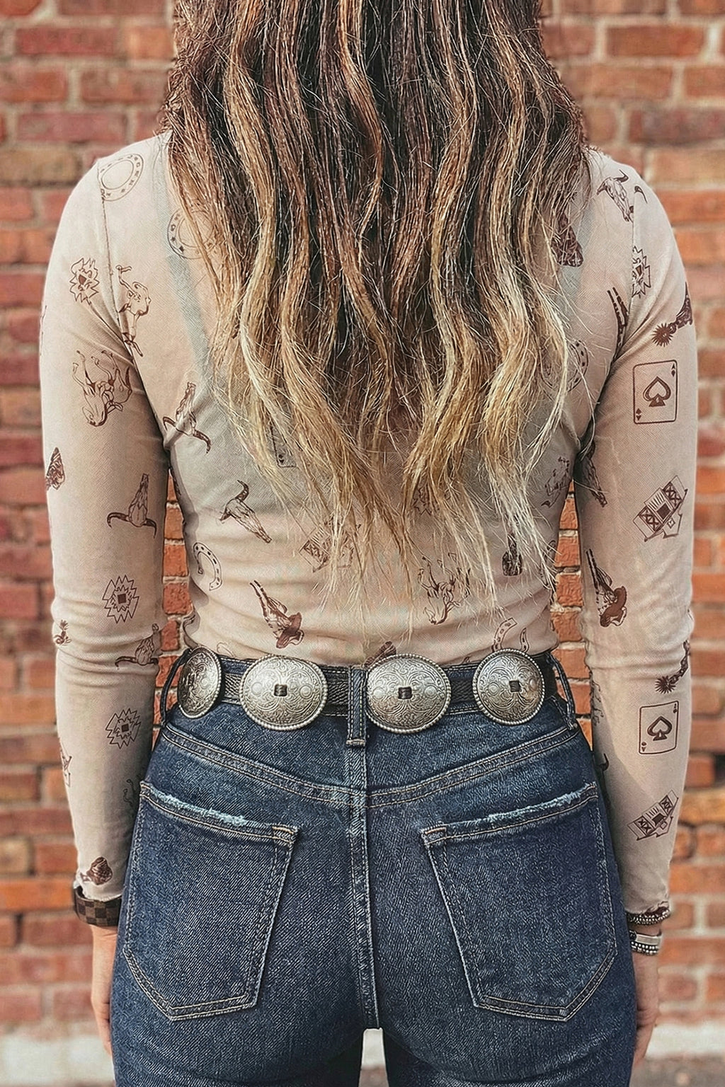 Western Print Mesh Long Sleeve Mock Top
