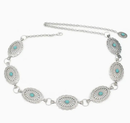 Western Circle Silver/ Turquoise Chain Belt