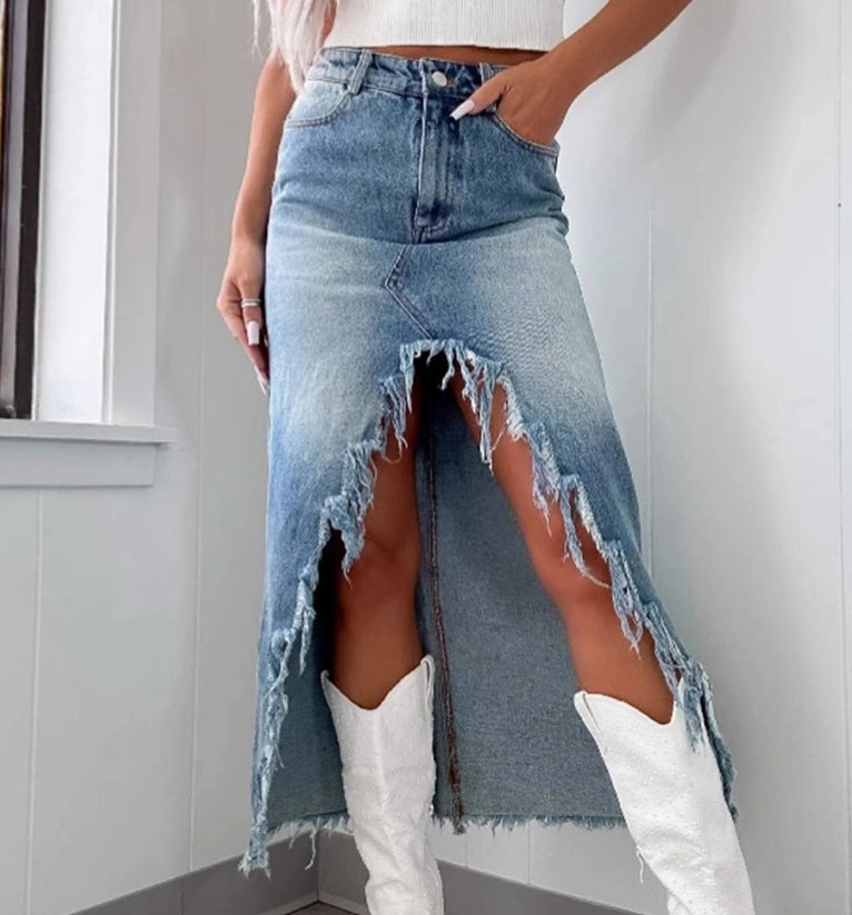 High Waist Old Washed Denim Skirt
