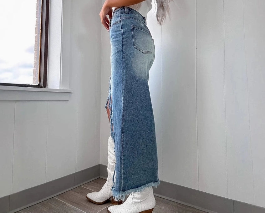 High Waist Old Washed Denim Skirt
