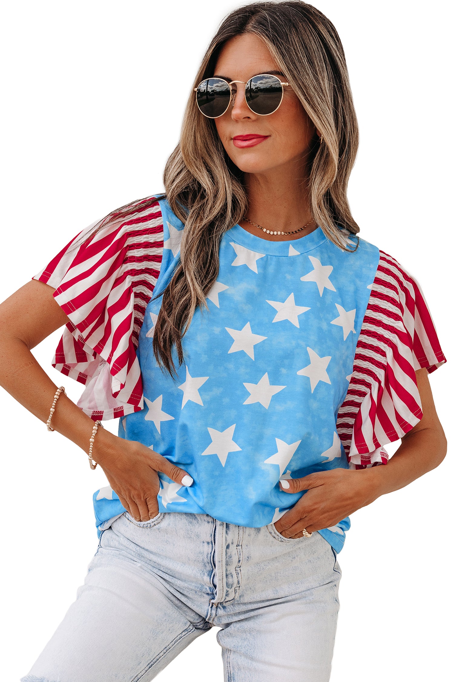 Vintage Star Print Ruffled Short Sleeve Blouse