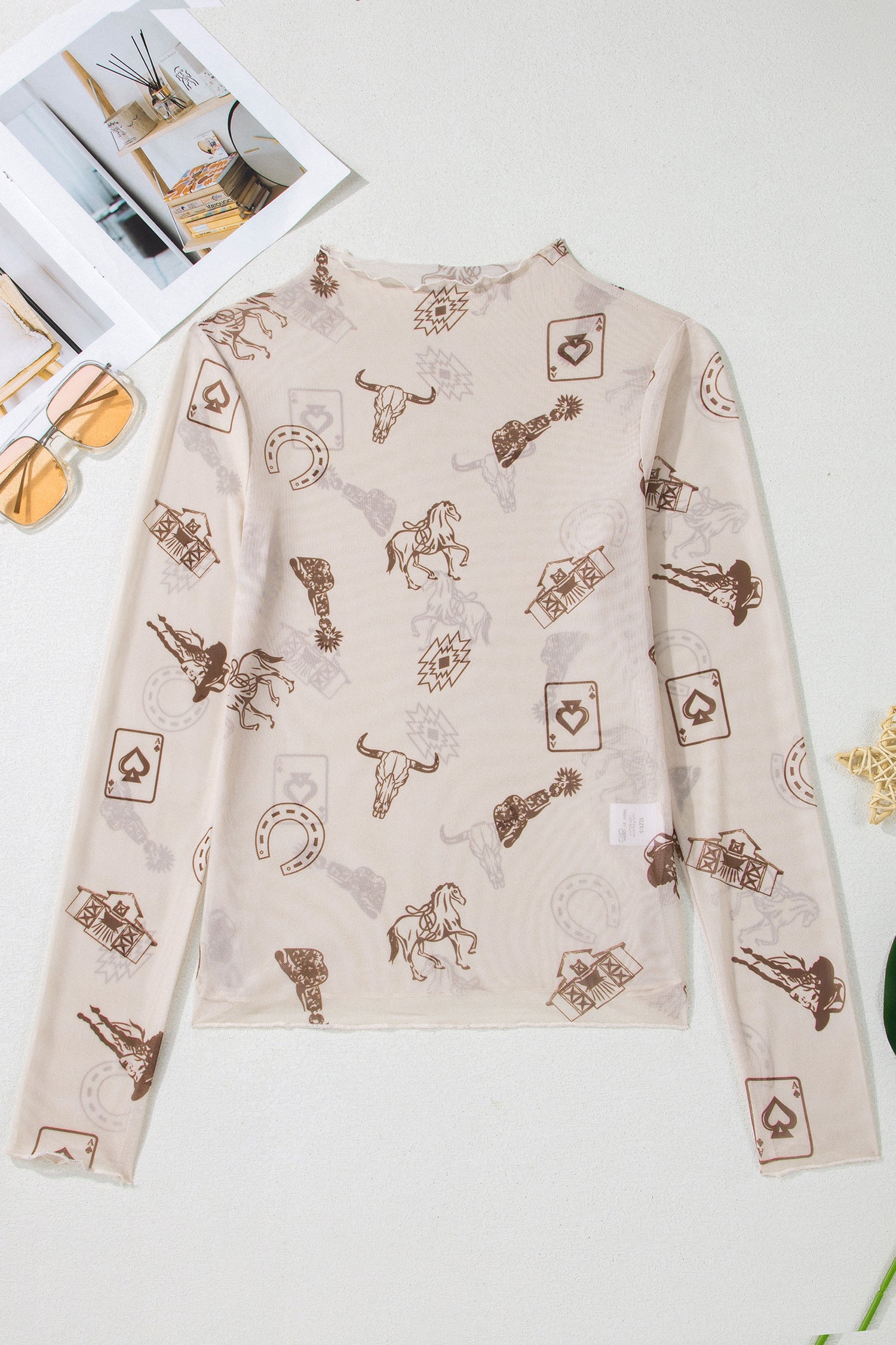 Western Print Mesh Long Sleeve Mock Top